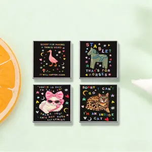 Vintage Graffiti Pet Brooch Alloy Square Pin Cat Duck Horse Creative Quote Badge Decorative Jewelry Gift