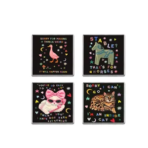 Retro graffiti cute pet brooch set, four square metal badges with funny English quotes.