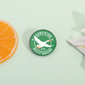 Funny Silly Goose Enamel Brooch Pin Green Round Metal Badge Cartoon Cat Lapel Pin For Backpack Clothes Jewelry Accessories