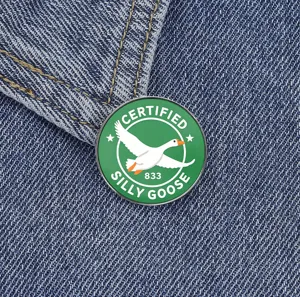 Funny silly goose enamel pin green round metal badge for backpack and jacket decoration