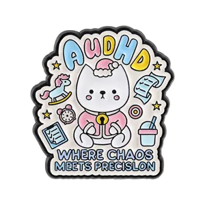 Cute cartoon cat enamel pin metal badge motivational quote aesthetic backpack accessory.