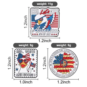 Independence Day patriotic enamel pin set featuring eagle and duck designs with size details.