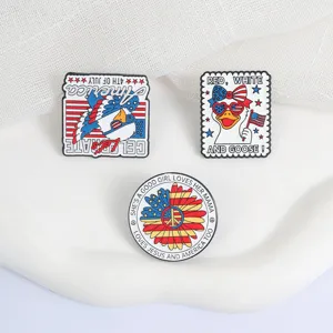US Independence Day enamel pin set, cartoon eagle goose badge, patriotic brooches for clothing decor.