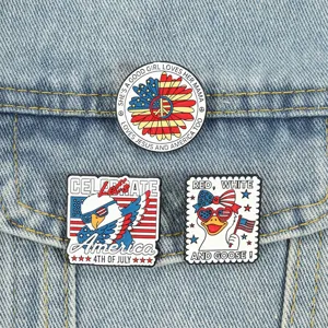 Independence Day themed enamel pins set, cute American eagle and duck cartoon lapel badges.
