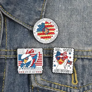 US Independence Day enamel pins set featuring cute eagle, duck and peace flower designs.