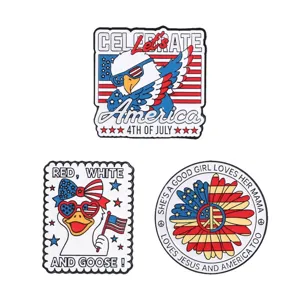 US Independence Day themed cartoon eagle duck peace flower metal enamel brooch pins badge set.