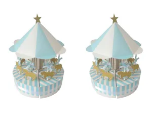 Detailed view of blue and white carousel cake box, creative paper candy box for parties.