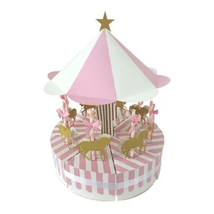 European wedding carousel candy box, pink and white striped paper pastry gift box main.