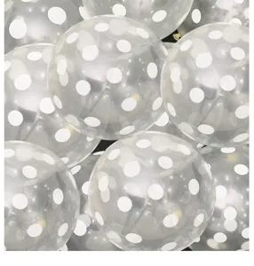 Gros plan détaillé de ballons transparents avec des pois blancs pour décoration de fête.