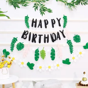 Forest style felt birthday banner bunting set with leaves and flowers for baby party decor.