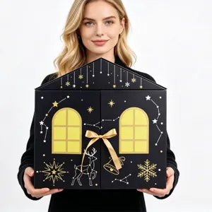 Boîte Calendrier de l'Avent de Noël en Forme de Maison 24 Grilles Boîte Cadeau Compte à Rebours Avec Élan Flocon de Neige Dorure
