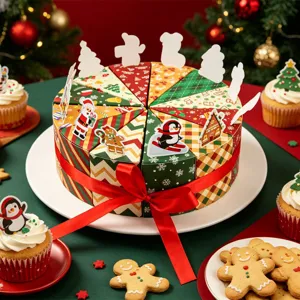 Detail van kersttaartvormige geschenkdoos met driehoekige plakjes en feestelijke patronen.