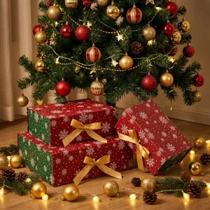 Detail shot of Christmas snowflake gift boxes in red and green with golden bows.