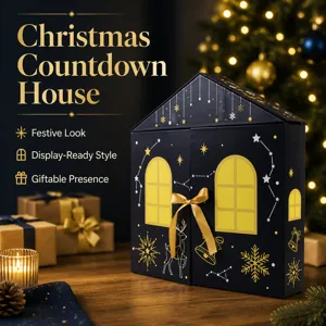Vue detaillee de la boite calendrier de l Avent maison de Noel avec joli motif renne design.