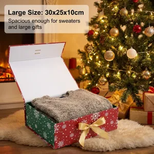 Christmas gift box with snowflake pattern, red and green hard presentation box for holiday gifts.