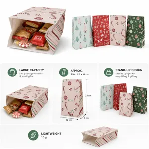 Christmas gift paper bag detail showcasing large capacity, stand-up design and compact dimensions.