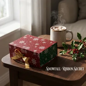 Detailed view of the Christmas snowflake gift box in red and green with a golden ribbon.