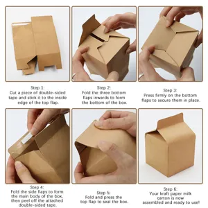 Vue détaillée de la boîte cadeau en carton kraft style brique de lait et son assemblage.