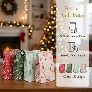 Festive Christmas gift paper bags detail view showing four colorful holiday designs with base.