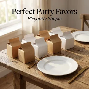 Vue détaillée de boîtes cadeaux en carton de lait kraft et blanc minimalistes sur table en bois.