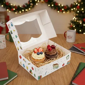 Weisse Papiergeschenkbox mit niedlichen Schreibwarenmustern und Sichtfenster fur Geschenke.