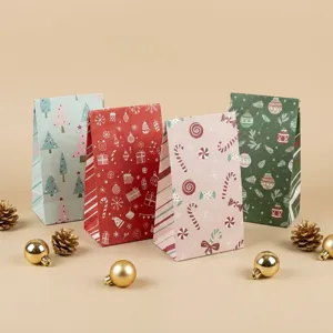 Christmas standing gift paper bags set, festive holiday packaging for snacks and small presents.