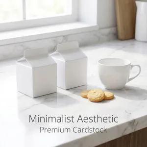Vue détaillée de boîtes cadeaux minimalistes blanches en forme de brique de lait sur marbre.