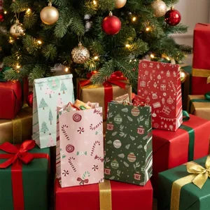 Christmas standing paper gift bags for snacks and holiday party favor food packaging detail