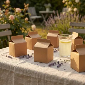 Détail de boîtes cadeaux en carton de lait en papier kraft minimaliste pour mariage.