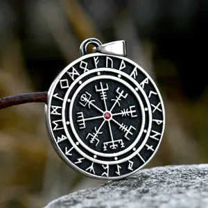 Viking Compass Runic Stainless Steel Pendant With Red Rhinestone Nordic Mythology Round Plate Charm Retro Jewelry For Men Women