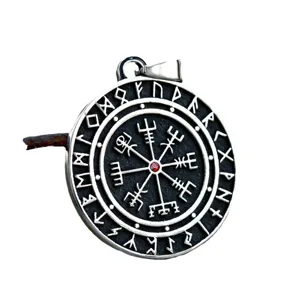 Stainless steel Viking compass pendant with red gemstone Nordic runic circle amulet jewelry.