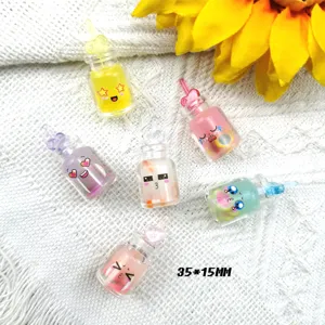 Cute cartoon fruit glass cup charms with heart straw for DIY keychains and jewelry decor.