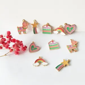 Colorful enamel alloy charms set, cute rainbow star heart cake llama pendants for DIY jewelry.
