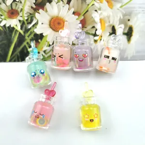 Cute mini fruit bottle resin charms with heart straw DIY keychain miniature ornament decor