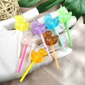 DIY resin 3D cute duck lollipop charms, colorful handmade jewelry pendants for crafting.