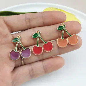Cute Cherry Charms Metal Enamel Fruit Pendants For DIY Earring Necklace Bracelet Jewelry Making Craft Accessories
