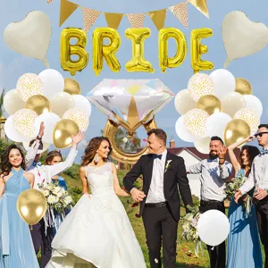 Bridal shower party decoration balloon set with BRIDE letters, white and gold latex balloons.