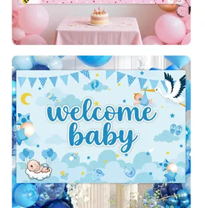 Gedetailleerd uitzicht op de babyshower feestachtergrond met schattig blauw en roze ontwerp.