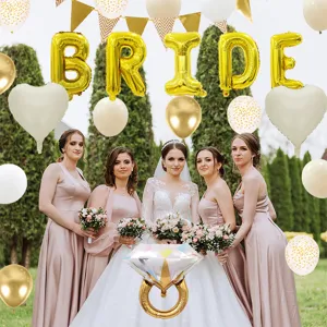 Bridal shower party decoration balloon set with BRIDE letters, white and gold balloons.