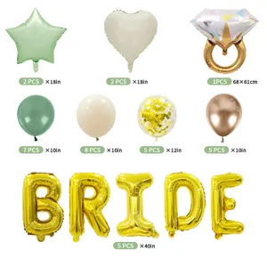 Bridal shower decoration balloon set including star heart ring and gold BRIDE letter balloons.