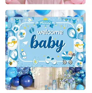Blauwe Welcome Baby feestachtergrond banner met schattige cartoonillustraties voor babyshower.