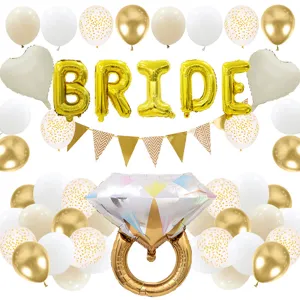 Bride bachelorette party decoration balloon set, white and gold foil balloons with diamond ring.