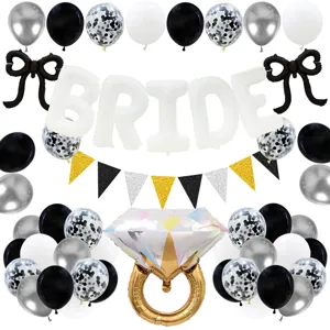 Details of bachelorette party balloon set featuring BRIDE letters, diamond ring and confetti.