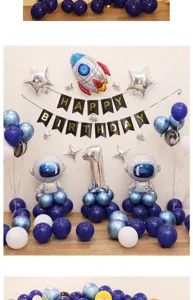 Ruimte thema verjaardag feest ballon decoratie detail met astronaut en raket folie ballonnen.