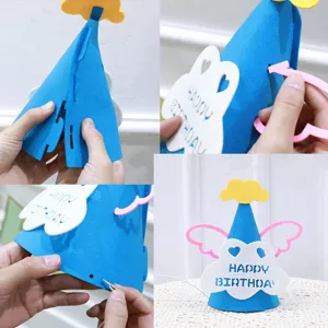 DIY non-woven birthday hat with cloud and angel wings design for party celebrations. Great for kids.