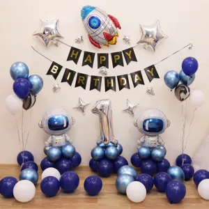 Jongens 1e verjaardag feest ballon set met ruimte thema, astronauten en raket folieballonnen.