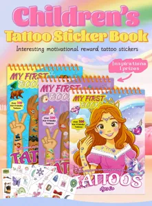 Detailed view of children's cartoon tattoo sticker books with colorful motivational designs.