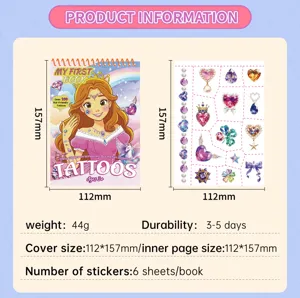 Kids cartoon temporary tattoo book set with colorful gemstone and princess stickers for girls.