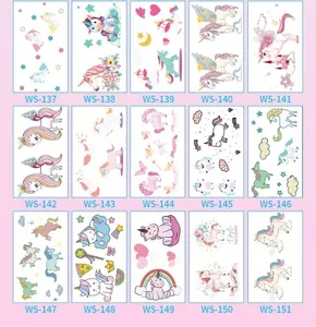 Detailed view of colorful unicorn temporary tattoo sheets, cute cartoon waterproof design styles.