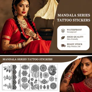 Black Mandala Temporary Tattoo Sticker Waterproof Henna Lace Pattern Geometric Totem Body Art Sticker For Bride Wedding Party